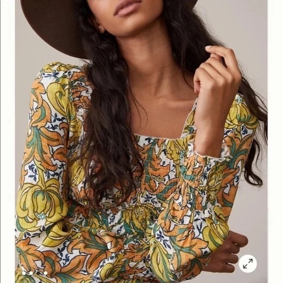 Anthropologie • Rayna Relaxed Smocked‎ Blouse in Yellow & Orange, Size XS - Picture 4 of 14